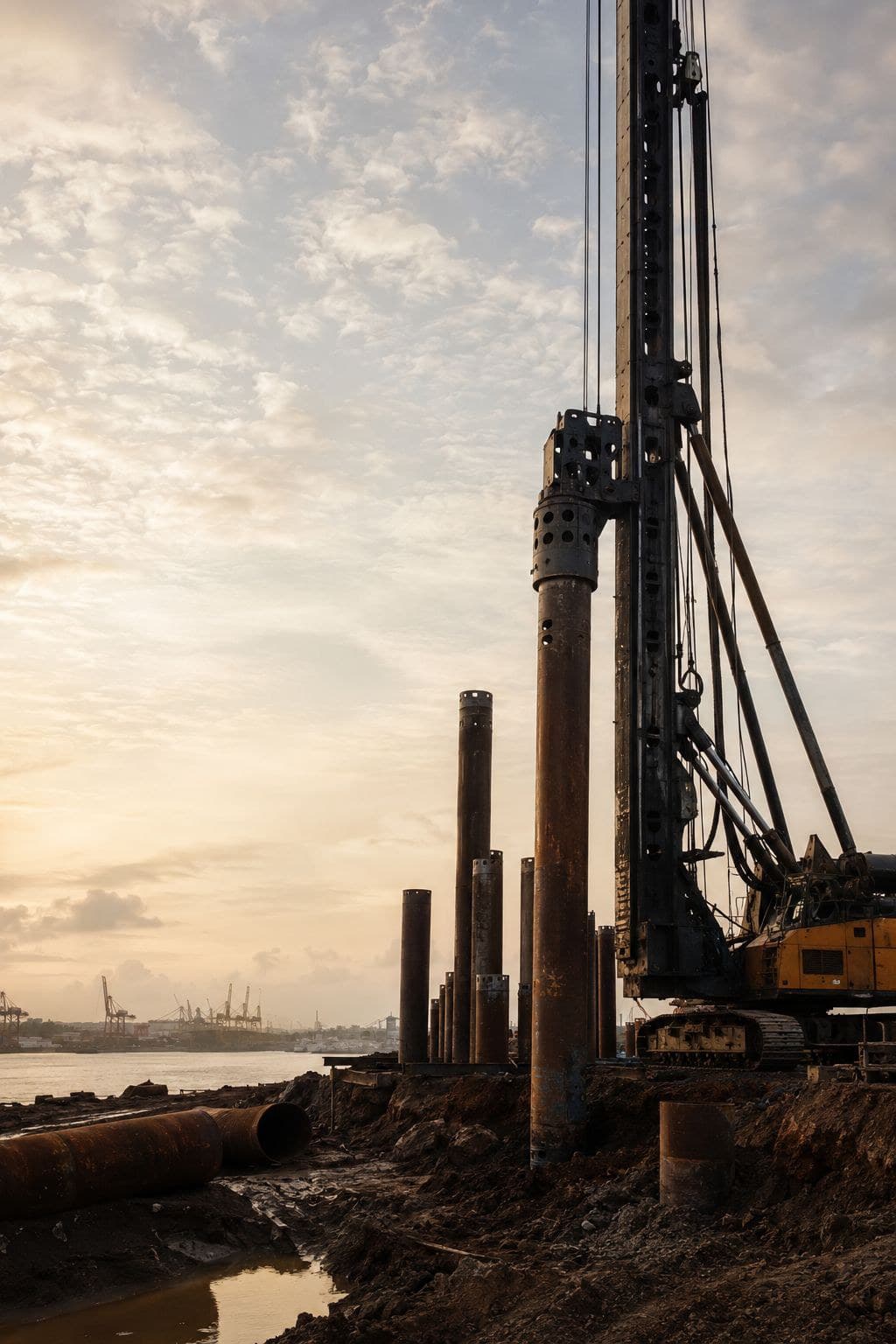 Foundation piling rig operating at sunset